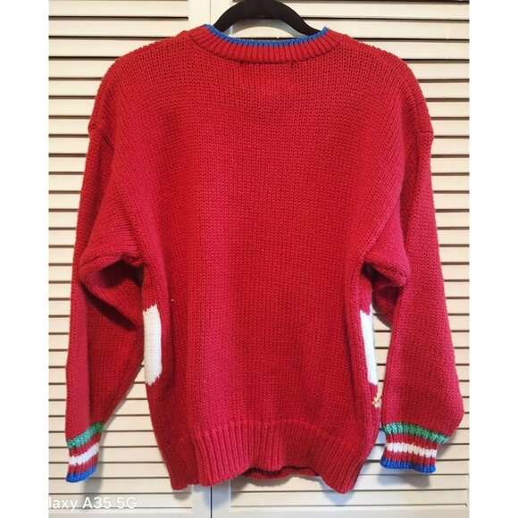 Vintage Bravo Red Christmas Sweater Medium Snowmen & Trees Graphic Knit 100% Acr - Picture 5 of 7